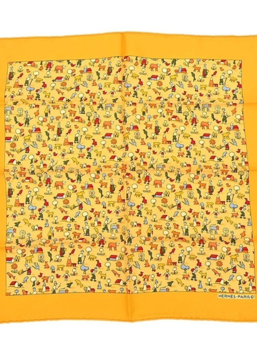 Hermes Scarf Petite Carre Farm Life Yellow Small Good 188046
